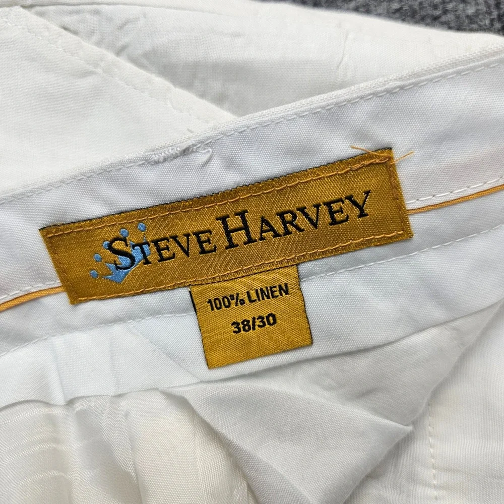 Steve Harvey Mens White 100% Linen Pleated Dress Pants 38 Crown Logo Trousers